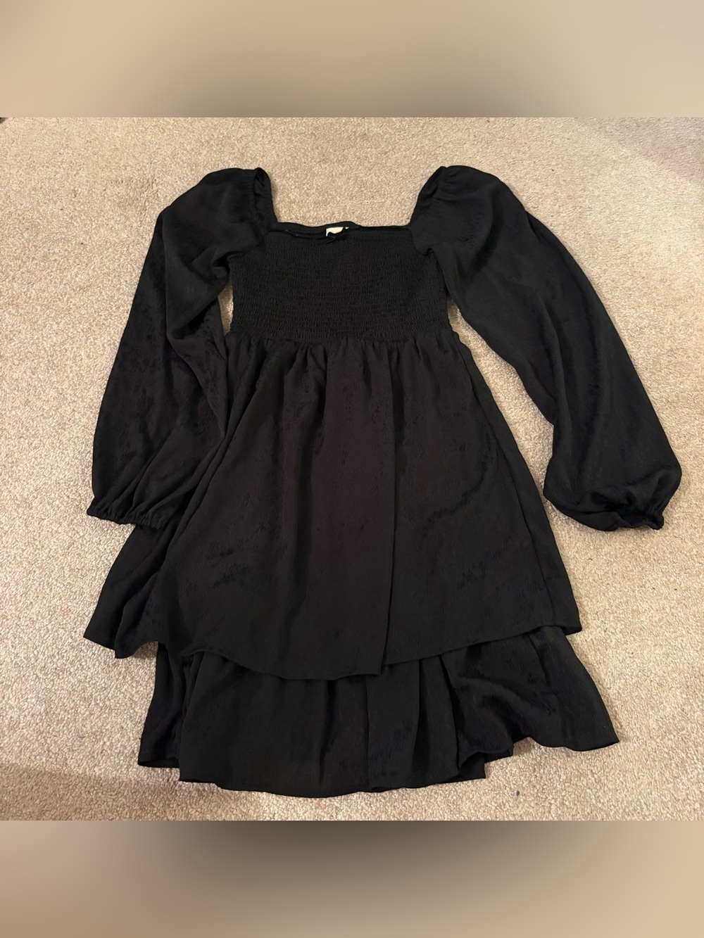 Rewind Black Smocked Babydoll Dress with Puff Sleeves size small
